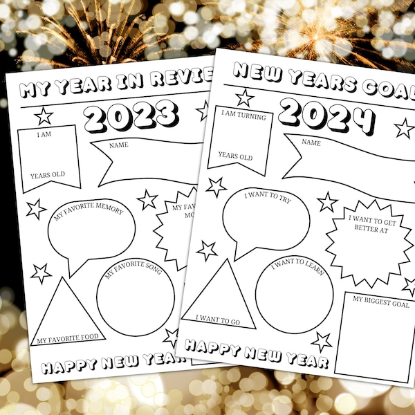 Résolution du Nouvel An pour enfants à imprimer - Bilan de l'année et objectifs pour l'année, coloriage du Nouvel An, feuille d'activités du nouvel an, coloriage pour enfants