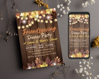 Friendsgiving Dinner Party Invitation - Boho Gold Leaves Thanksgiving Invite Editable Template Instant Donwload, Friendsgiving invite,