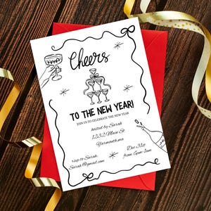 New Years Eve Party Invitation Hand Drawn, Whimsical New Year Party Invite, Disco Ball, Champagne Tower, Editable Template, NYE Party invite image 4