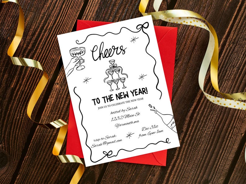 New Years Eve Party Invitation Hand Drawn, Whimsical New Year Party Invite, Disco Ball, Champagne Tower, Editable Template, NYE Party invite image 4