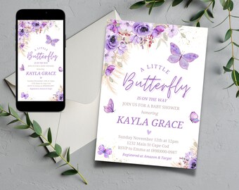 May include: Purple and gold baby shower invitation with a watercolor butterfly design. The invitation reads "A Little Butterfly is on the Way" and includes the name "Kayla Grace".