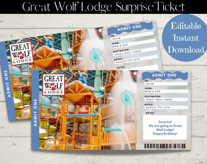 Great Wolf Lodge Ticket,great Wolf Lodge Surprise Ticket,great Wolf Lodge Template,canva ...