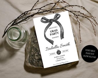 May include: A white graduation party invitation with a watercolor bow illustration. The invitation includes the text "Join us for a Grad Party Honoring Isabella Smith" and event details. A black circle with "Editable Instant Download" is on the right.