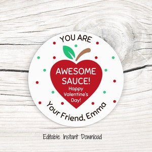 Kids Valentine - Classroom Valentine Sticker - Preschool Valentine Sticker - Applesauce Valentine - Awesomesauce - Non Candy Valentine