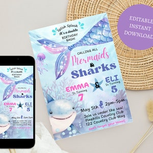 Mermaids and Sharks double birthday under the sea invitation joint sibling sister brother girl boy party invite, Sibling birthday invite,