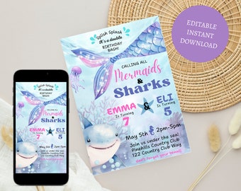May include: A digital invitation for a mermaid and shark themed birthday party. The invitation features a blue and purple watercolour background with a mermaid tail, a shark, and a starfish. The text on the invitation reads "Calling all Mermaids & Sharks" and includes the names Emma and Eli, their ages, and the date and time of the party. The invitation also includes the location of the party, Pinehills Country Club, and the address 122 Country Club Way. The invitation ends with the text "Don't forget your towel!"