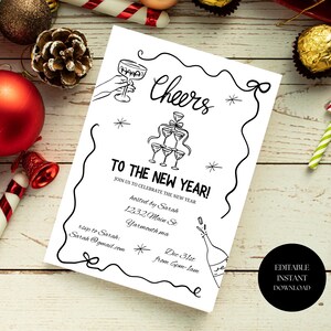 New Years Eve Party Invitation Hand Drawn, Whimsical New Year Party Invite, Disco Ball, Champagne Tower, Editable Template, NYE Party invite image 2