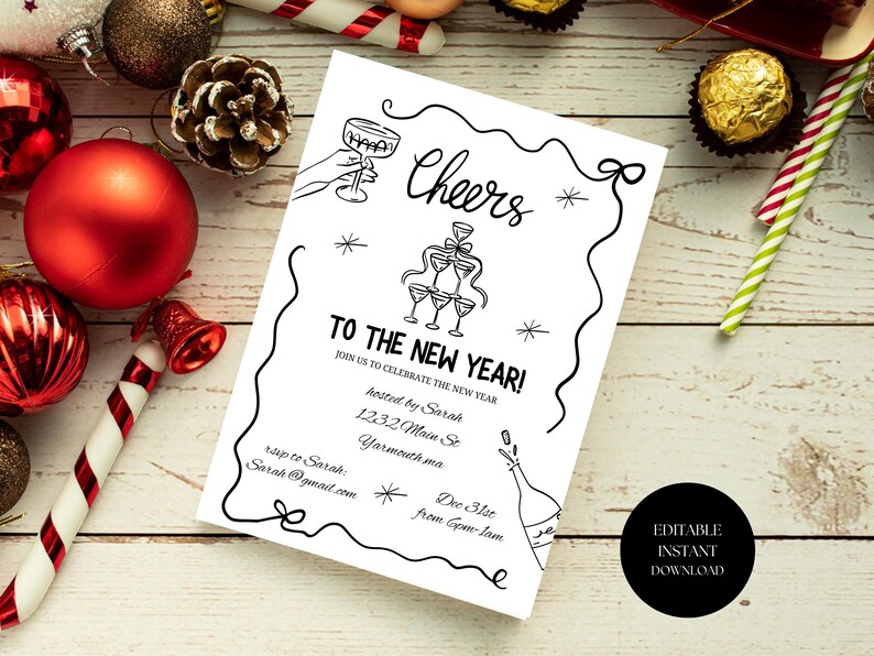 New Years Eve Party Invitation Hand Drawn, Whimsical New Year Party Invite, Disco Ball, Champagne Tower, Editable Template, NYE Party invite image 2
