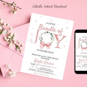 May include: A pink and green baby shower invitation with a wreath and a bow. The text reads "A Little Bundle of Joy is on her way!" and includes the name "Kayla Grace".
