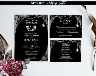 Tarjetas de invitación de boda espeluznantes, tarjetas de invitación de boda gótica, tarjetas de respuesta de boda elegante de Halloween, plantillas de invitación de telaraña de mal humor