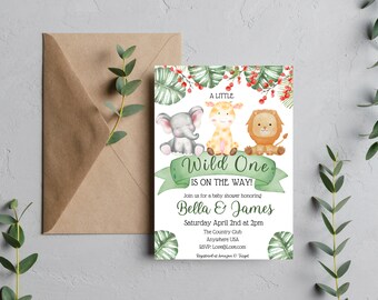May include: A baby shower invitation with a jungle theme. The invitation features a green and white background with a watercolor illustration of an elephant, giraffe, and lion. The text reads "A Little Wild One Is On The Way!" and includes the names "Bella & James", the date and time of the shower, and the location.