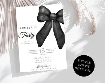 Black Bow Birthday Invitation Template - 40th Birthday Party - Minimalist Black Bow Invite - Editable Digital Download coquette bow birthday