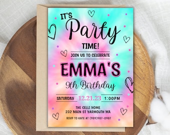 May include: A colourful tie-dye invitation with pink, blue and orange hues. It's Party Time! Join us to celebrate Emma's 9th Birthday. Saturday, 21st December 2023 at 1:00 PM. The Celli Home, 232 Main St Yarmouth MA. RSVP to Kate at (989) 987-0987.