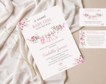 Boho Girl Clothesline Baby Shower Invitation, Boho Baby Clothes, Editable Instant Digital Download, boho girl baby shower, baby shower set