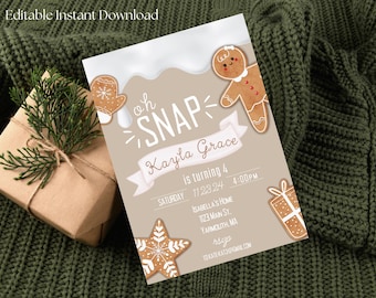 May include: A tan gingerbread-themed birthday invitation with the text "oh SNAP! Kayla Grace is turning 4" and details for the party. The invitation features illustrations of gingerbread cookies.