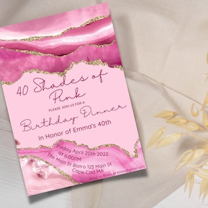 Editable Shades of Pink Invitation, Agate Birthday Dinner Invitation, Printable invite, Pink and gold birthday invite, Editable invitation
