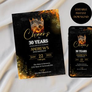 Whiskey Birthday Invitation, Surprise Party Adult, 30th 40th 50th Any Age, Cognac Scotch Liquor, Canva Editable Adult Men Birthday Invite