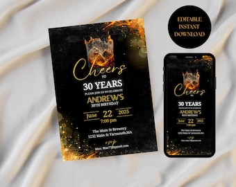 Whiskey Birthday Invitation, Surprise Party Adult, 30th 40th 50th Any Age, Cognac Scotch Liquor, Canva Editable Adult Men Birthday Invite