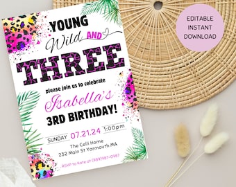 Editable Young Wild And Three Leopard Print Jungle Birthday Party Invitation Leopard Print Wild And Three Birthday Party Template Digital