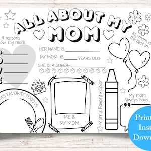 Tout sur ma mère à imprimer, travaux manuels pour la fête des mères, page à colorier pour la fête des mères, cadeau pour maman, cadeau d'un enfant, cadeau enfant pour grand-mère, grand-mère, grand-mère