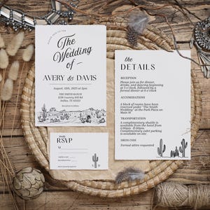 Vintage Western Wedding Invitation Suite Desert Southwest Invitation Suite Saguaro Hand Drawn Invitation Wedding Cowboy Cactus Invitation