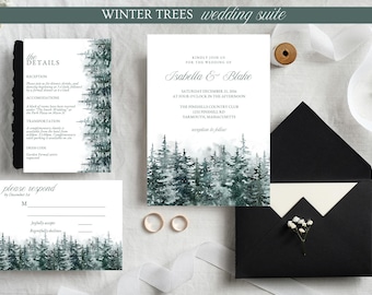 Winter-Hochzeits-Einladungs-Set, Minimalistische Hochzeitseinladungs-Vorlage, Weihnachts-Hochzeits-Einladung in Kiefer Rustikaler Winter-Hochzeitsurlaub