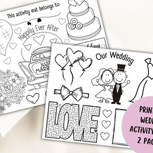 Peut inclure: Une feuille d'activité de mariage imprimable avec deux pages. La première page présente un jeu de tic-tac-toe, un bouquet de fleurs, une voiture avec "Just Married" à l'arrière et le texte "Happily Ever After". La deuxième page présente un gâteau de mariage, une mariée et un marié, une robe de mariée, un nœud, des ballons et un labyrinthe qui épelle "LOVE".