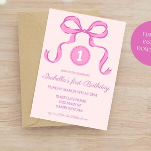 Bow 1st Birthday Invitation Template | Editable Coquette Pink Girly Bow First Birthday Party Invite DIY, First birthday invite girl, Girl