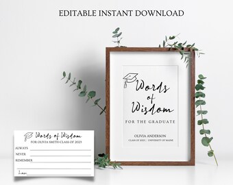 Words of Wisdom Graduation Sign & Card Template, Printable Graduation Party Activity, Editable Graduation Party Advice Card, grad printable