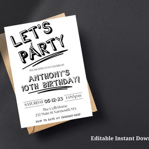 Simple Black and White Birthday Invitation Template, ANY AGE, Instant Download Birthday Invitation for Boys Teens Kids Girls, birthday