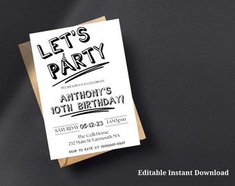 Può includere: Invito a una festa di compleanno in bianco e nero con il testo "Let's Party" e "Anthony's 10th Birthday!" L'invito include la data, l'ora e il luogo della festa. Sono incluse anche le informazioni RSVP.