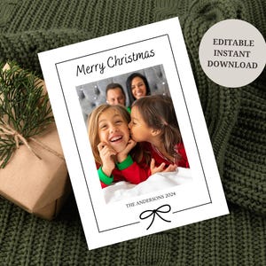 Minimal Photo Christmas Card with Bow Canva Template, Simple Family Christmas Photo Card, Editable Holiday Greeting Card, Happy Holidays