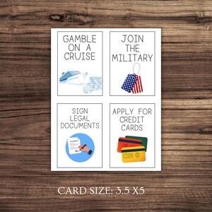 May include: Four white cards with black text and images. The cards are arranged in a 2x2 grid. The top left card says "Gamble on a Cruise" and has a cruise ship image. The top right card says "Join the Military" and has a US flag image. The bottom left card says "Sign Legal Documents" and has a pen and paper image. The bottom right card says "Apply for Credit Cards" and has three credit cards.