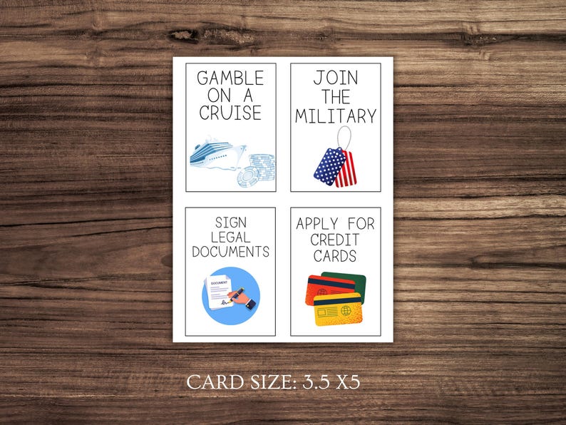May include: Four white cards with black text and images. The cards are arranged in a 2x2 grid. The top left card says "Gamble on a Cruise" and has a cruise ship image. The top right card says "Join the Military" and has a US flag image. The bottom left card says "Sign Legal Documents" and has a pen and paper image. The bottom right card says "Apply for Credit Cards" and has three credit cards.