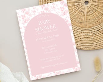 Roze sjabloon babyshower, vintage elegante chinoiserie blush bloemen babyuitnodiging, Victoriaanse Franse toile bewerkbare uitnodiging