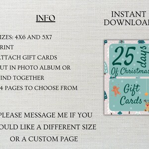 May include: Printable 25 Days of Christmas gift card holder with a green and white winter forest design. The text reads "25 days of Christmas" and "Gift Cards".