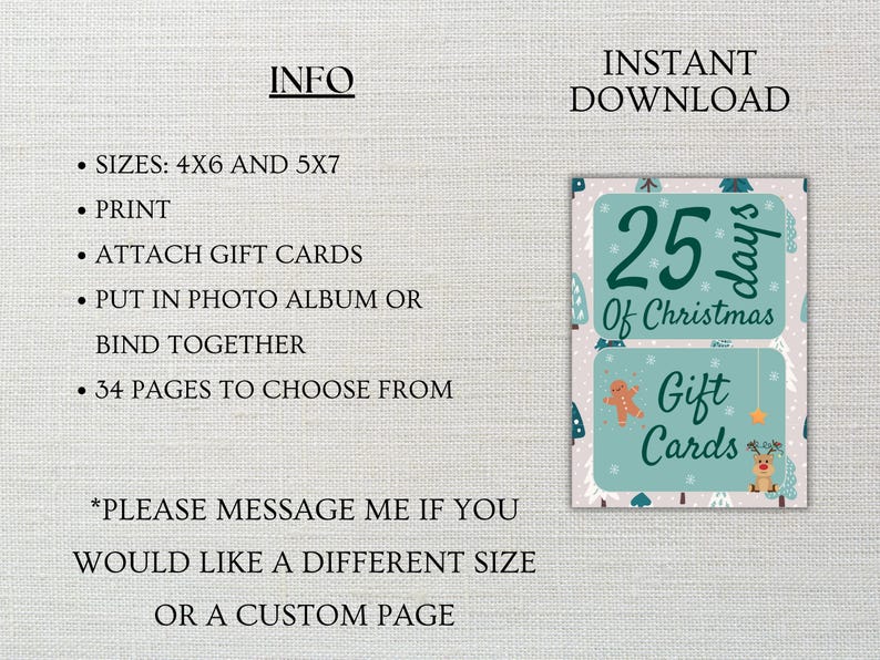 May include: Printable 25 Days of Christmas gift card holder with a green and white winter forest design. The text reads "25 days of Christmas" and "Gift Cards".