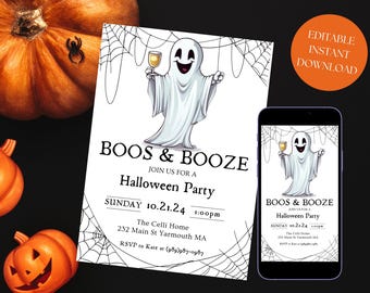 May include: A printable Halloween party invitation featuring a cartoon ghost holding a glass of wine. The invitation reads "Boos & Booze, Join us for a Halloween Party, Sunday 10.21.24, 1:00pm, The Celli Home, 232 Main St Yarmouth MA, RSVP to Kate at (989)987-0987".