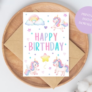 Happy Birthday Card Unicorn Birthday Greeting Card Unicorn Magical Rainbow Girl Daughter Friend 5x7 DIGITAL PRINTABLE Instant Download