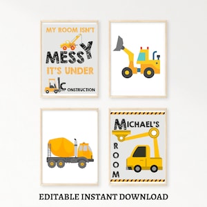 Set of 4 Vehicle Prints, Construction Wall Art, Transportation Print Nursery, Kids Gallery Wall Set, Truck Wall Art, Nursery Truck Prints
