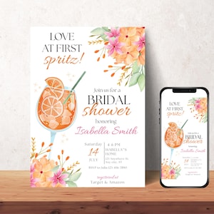 Love at First Spritz Bridal Shower Invitation, Aperol Spritz Bridal Shower Invite, Citrus Bridal Brunch, Orange Bridal Shower Bright Florals
