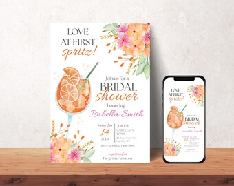 Love at First Spritz Bridal Shower Invitation, Aperol Spritz Bridal Shower Invite, Citrus Bridal Brunch, Orange Bridal Shower Bright Florals