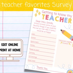 Favorites Teacher Survey - Editable Canva Template - Printable Back To School Questionnaire For Teacher Favorites - Get To Know My Teacher