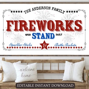 May include: A white sign with red, blue, and black text that reads "The Anderson Family Fireworks Stand Open Daily". The sign has a red star with "5¢" inside and the words "Sparkler Sticks" and "Bottle Rockets" below it. The sign is decorated with fireworks.