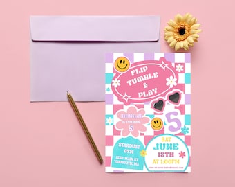 Gymnastics Birthday Invitation Template, ANY AGE, Daisy Birthday Invite, Retro Rainbow, Girl Birthday Gym Party, Girl Gymnasts67