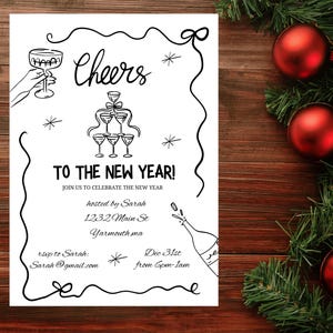 New Years Eve Party Invitation Hand Drawn, Whimsical New Year Party Invite, Disco Ball, Champagne Tower, Editable Template, NYE Party invite image 8