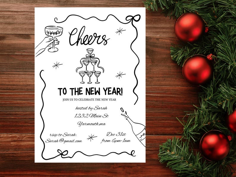 New Years Eve Party Invitation Hand Drawn, Whimsical New Year Party Invite, Disco Ball, Champagne Tower, Editable Template, NYE Party invite image 8