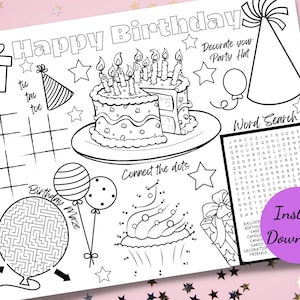 Kids Birthday Party Placemat Activity Sheet,Birthday Favor Printable for Kids Party, Kids activity sheet, Kids party printable,Kids coloring