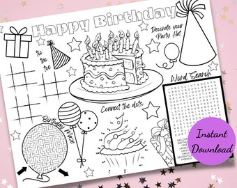 Kindergeburtstagsparty-Tischset-Tätigkeitsblatt, Geburtstagsgeschenk für Kinderparty, Kinderaktivitätsblatt, Kinderparty zum Ausdrucken, Kinderfärbung