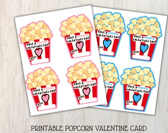 Valentine Popcorn cards, Valentine's Day Stickers, Boy Girl Kids Classroom Labels, Poppin; Valentines Labels, Die-cut popcorn bag card, DIY